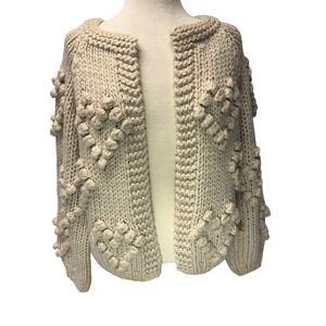 Debut Womens S Oatmeal Chunky Knit Pom Pom Heart Open Front Cardigan C10354